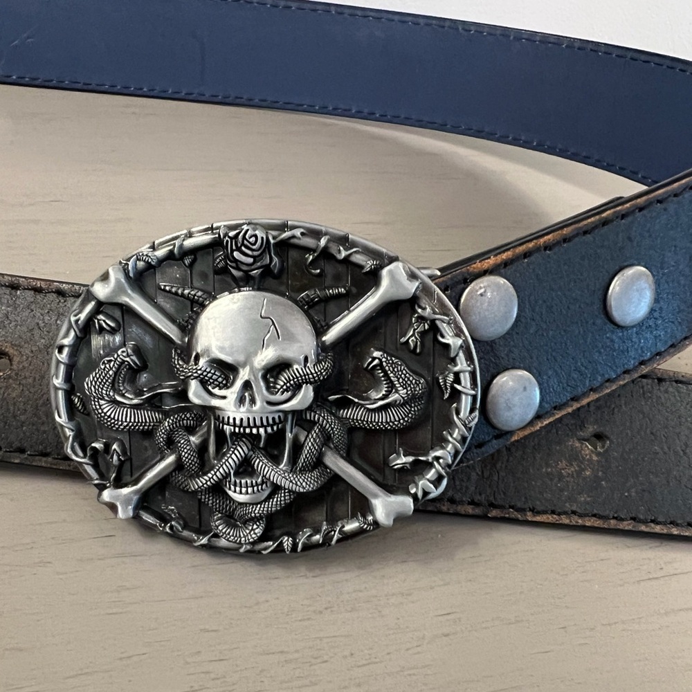 Vera Pelle Italian Black Leather Belt Silver Metal Skull Snakes Buckle Lg 36-38”